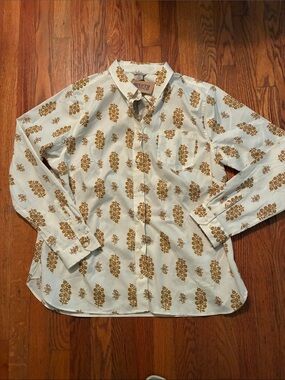 Duluth Trading Co Block-Print Button-Down with Gold Floral Print